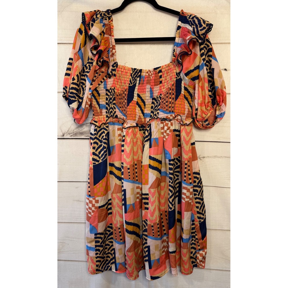 TCEC  Womens Square‎ Neck Smocked Puff Sleeve Geometric Print Mini Dress L